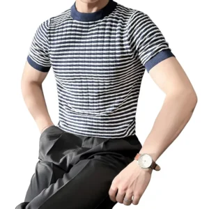 No Brand Japanese Style Instagram Light Luxury Breathable Skin Friendly Jacquard Striped Contrasting Color Knit Sweater Men’s