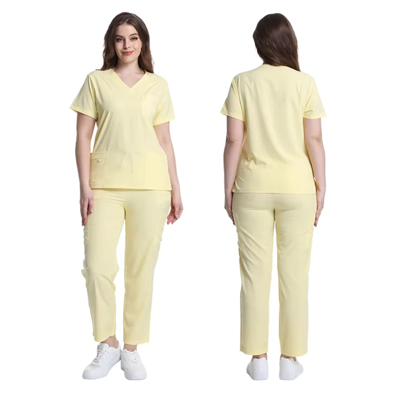 Nurse Scrub Top Polyester Dobby V neck Short Sleeves Unisex Hospital Workwear for Medical Dental Pet Store Use