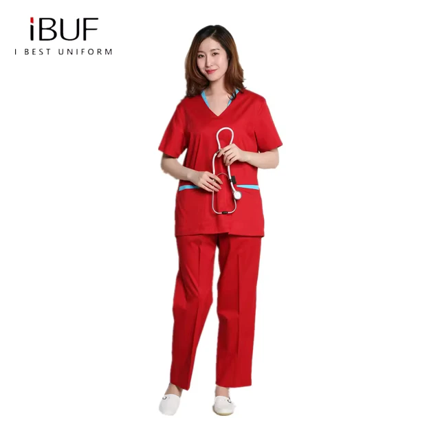 Nurse Uniform Scrub Suit with Special Collar and Two Patch Pockets for Hospital Staffs