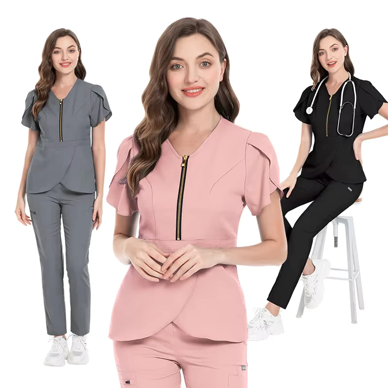 Nursing Uniform Set for Hospital and Beauty Salon with Zipper and Multiple Pockets