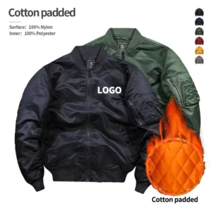 Nylon Padded Zip up Stand Collar Men’s Black Blank Custom Logo Baseball Bomber Jacket