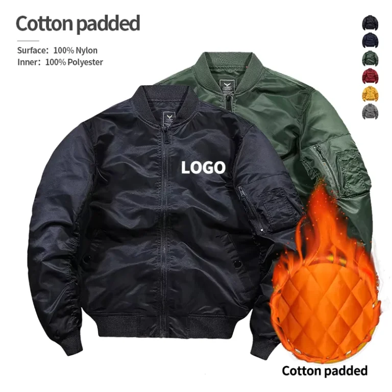 Nylon-Padded-Zip-up-Stand-Collar-Mens-Black-Blank-Custom-Logo-Baseball-Bomber-Jacket