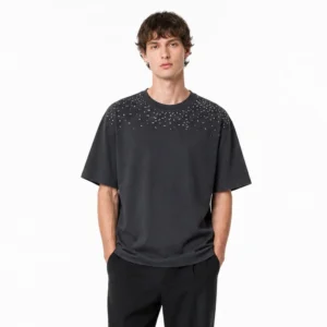 ODM Customization Dark Gray Heavyweight T Shirt With Logo Embroidery 300g Cotton Fabric Graphic Printing Street Style Daily Wear