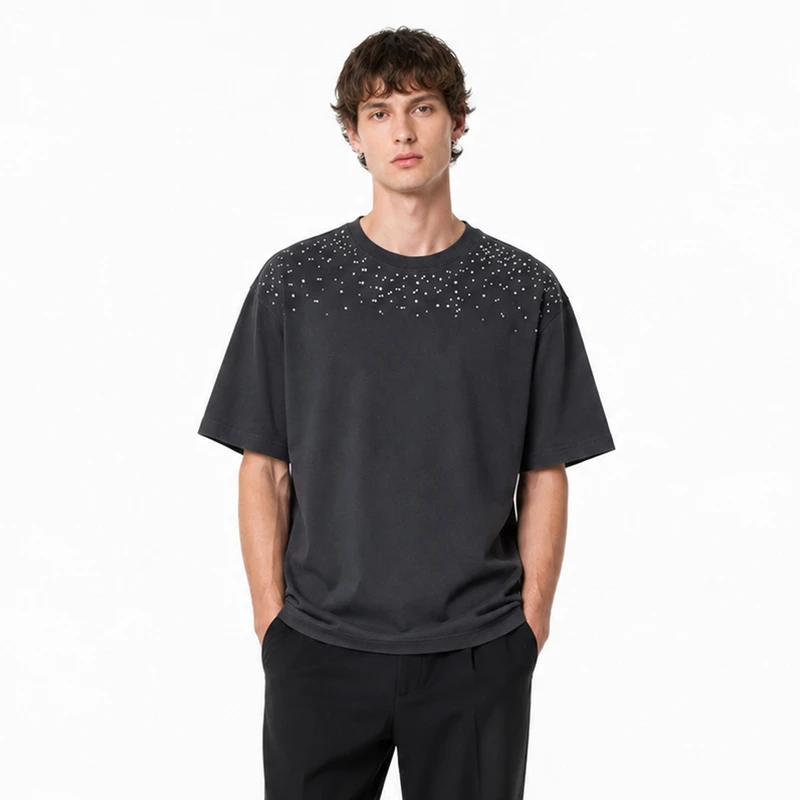 ODM Customization Dark Gray Heavyweight T Shirt With Logo Embroidery 300g Cotton Fabric Graphic Printing Street Style Daily Wear