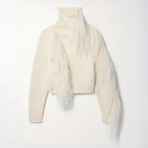 ODM Factory New Rib Knit Crewneck Cotton Tassel Knitwear Loose Chunky Drop Shoulder Turtleneck Fringe Sweater Women