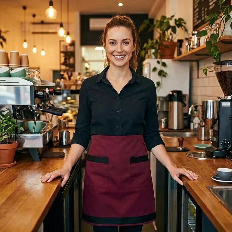 OEM 100% Polyester Half Waist Apron Contrast Hem Short Service Uniform for Cafe Restaurant Bakery Staff Retail Store