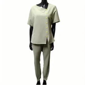 OEM Bedridden Patient Nursing Scrubs Outfits Short Sleeve V Neck Scrub Tops Tear Away Pants Sets With Side Split Snap Button