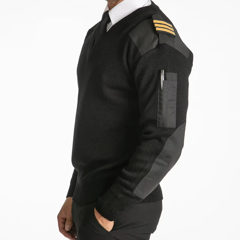 OEM Black Pilot Uniform Style Sweater With Shoulder Elbow P High Quality Black Wool Acrylic Airline Pilots Sweater Uniforms