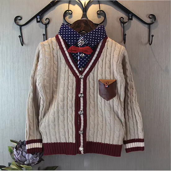 OEM Cable Knitting School Uniform Leather Pocket Nordic Design School Sweater Cardigan