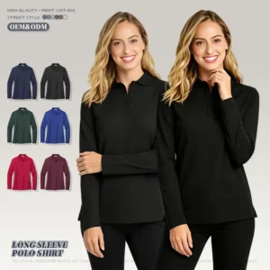 OEM Custom 100% Cotton Womens Long Sleeve Polo Shirt Spring and Autumn Knitted Fabric Long Sleeve T shirt Polo Shirt