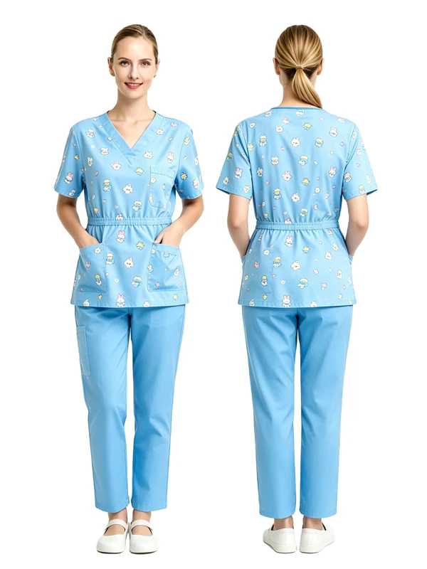 OEM-Custom-Cartoon-Print-Elastic-Waist-Scrub-Set-Antibacterial-Breathable-Pediatric-Nurse-Uniform-Pet-Hospital-Medical-Workwear