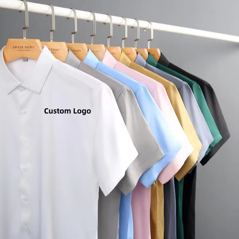 OEM Custom Design Solid Color Casual Short Sleeve Breathable Unisex Work Dress Shirt 100% Bamboo Fiber Front Logo Printed