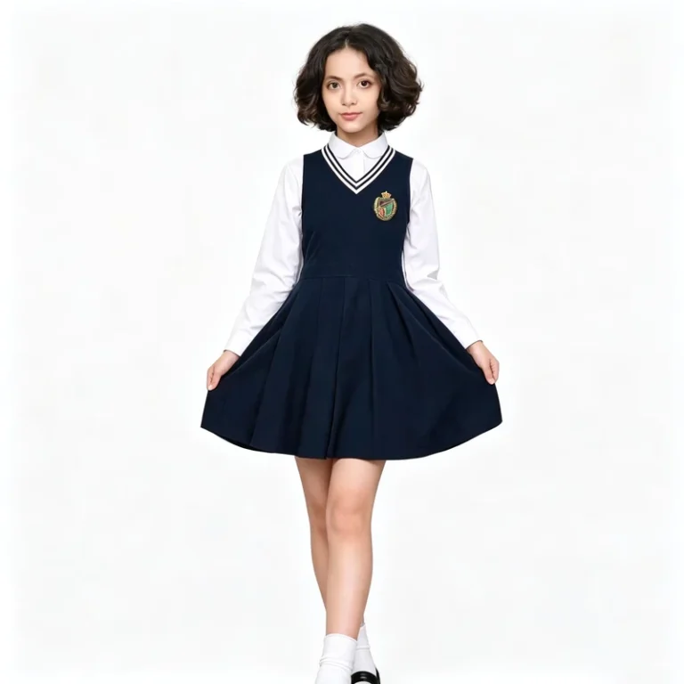 OEM-Custom-Girls-School-Uniform-with-Navy-Pinafore-Dress-White-Shirt-and-Custom-Logo