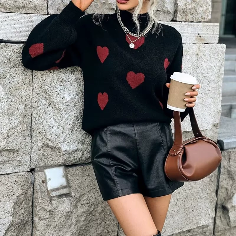 OEM Custom Jacquard Tops for Ladies Korean Fashion Casual Winter Sweater with Heart Pattern Knit Front Logo Position