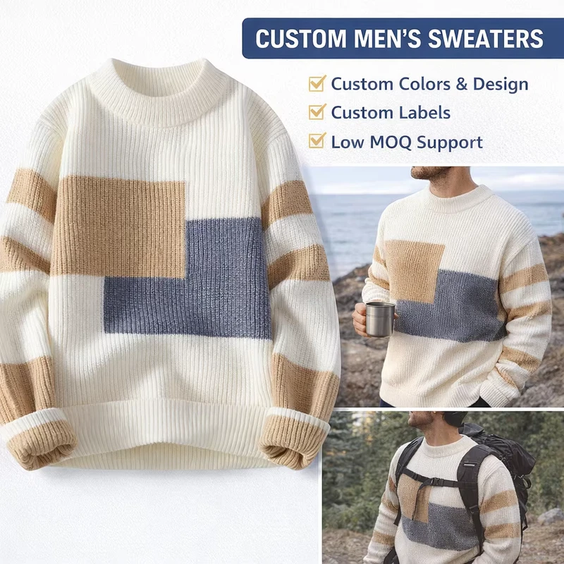 OEM Custom LOGO Casual Loose Knitted Crewneck Men Winter Sweater Coats Custom Prevent Pilling Knitted Pullover Sweater for Men