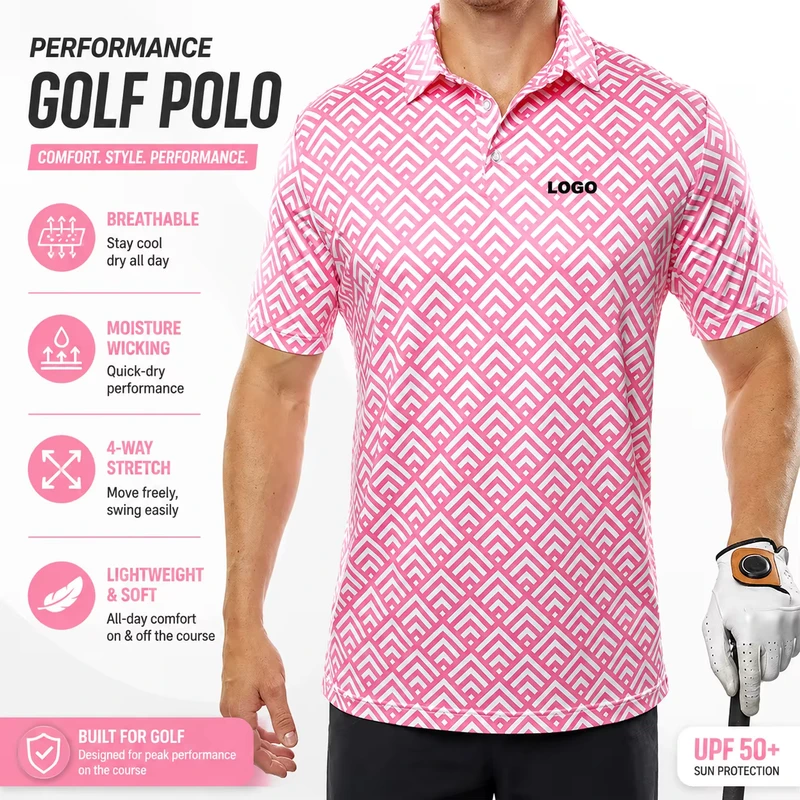 OEM Custom Lightweight Men's Golf Polo Shirt Light Pink with Polynesian Design Printed Your Brand Logo Sublimation Technique