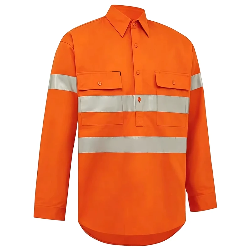 OEM Custom Logo Half Placket Long Sleeve Hi Vis Reflective Safety Shirt ANSI Spring Autumn Industrial Workwear