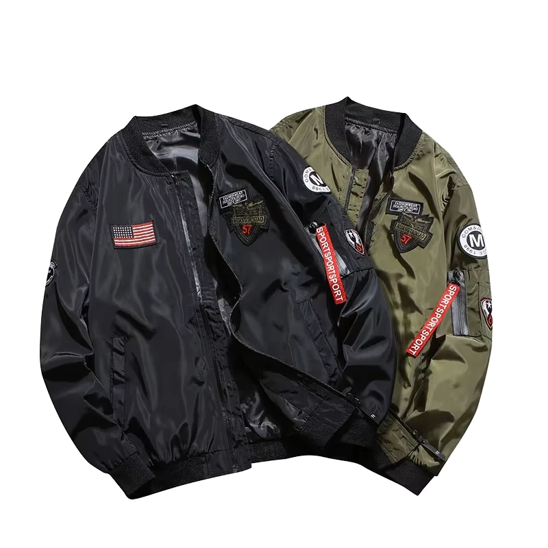OEM Custom Logo Hot Sales Men's Pilot Jacket Big Size Canvas Badge Fashion Wear Autumn Motorcycle Jacket with Zipper Closure