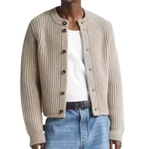 OEM Custom Logo Men’s Knit Cardigan with Rib Pockets Long Sleeve Overcoat with Button 100% Wool Winter Warm Sweater