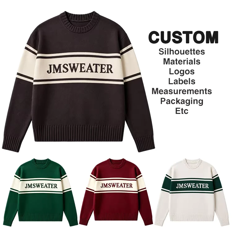 OEM Custom Men Cotton Crew Neck Knitted Sweater Long Sleeve Letter Pattern Vintage Stripes Pullover Letter Man Sweater