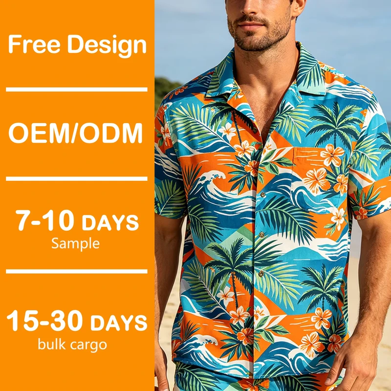 OEM Custom Men's Rayon Hibiscus Floral Hawaiian Shirt Plus Size Camp Collar Short Sleeve Summer Vacation Wear