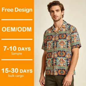 OEM Custom Men’s Rayon Hibiscus Floral Hawaiian Shirt Plus Size Camp Collar Short Sleeve Summer Vacation Wear