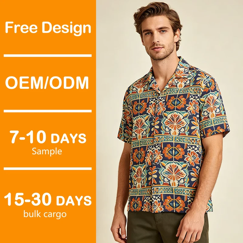 OEM Custom Men's Rayon Hibiscus Floral Hawaiian Shirt Plus Size Camp Collar Short Sleeve Summer Vacation Wear