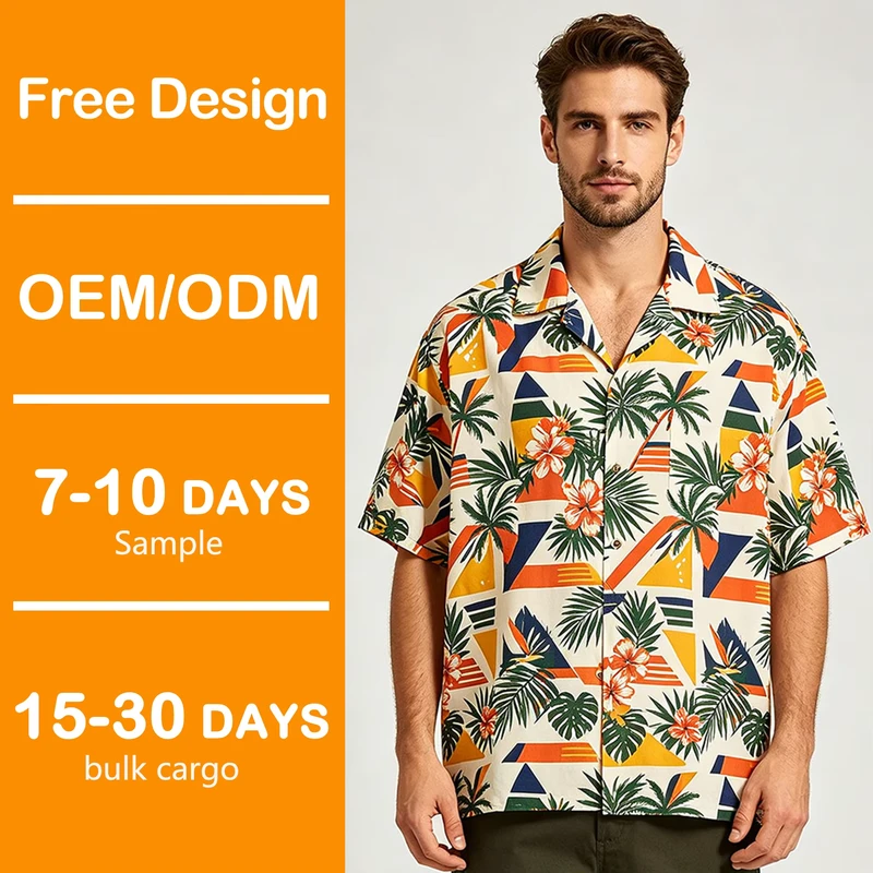 OEM Custom Men's Rayon Palm Leaf Hawaiian Shirt Plus Size Camp Collar Print Short Sleeve Summer Resort Wear