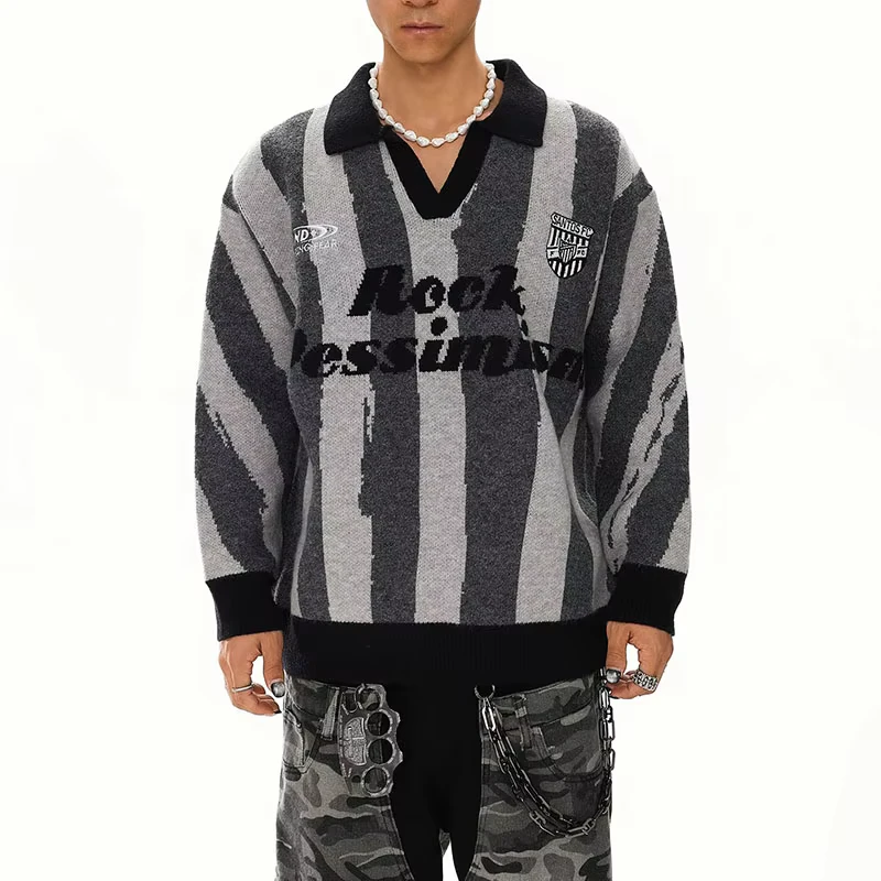 OEM Custom Men's Winter Loose Long Sleeve Cotton Breathable Anti shrink Knitted Sweater with Turn down Collar for Polo Shirt