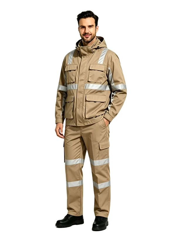 OEM-Custom-Outdoor-Style-Reflective-Safety-Work-Suit-Khaki-Water-Resistant-Hooded-Uniform-Landscaping-Property-Workwear