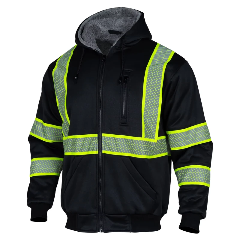 OEM Customizable Logo Winter High Visibility Class 3 Reflective Safety Workwear Black Hoodie Sweater Made Polyester Nylon