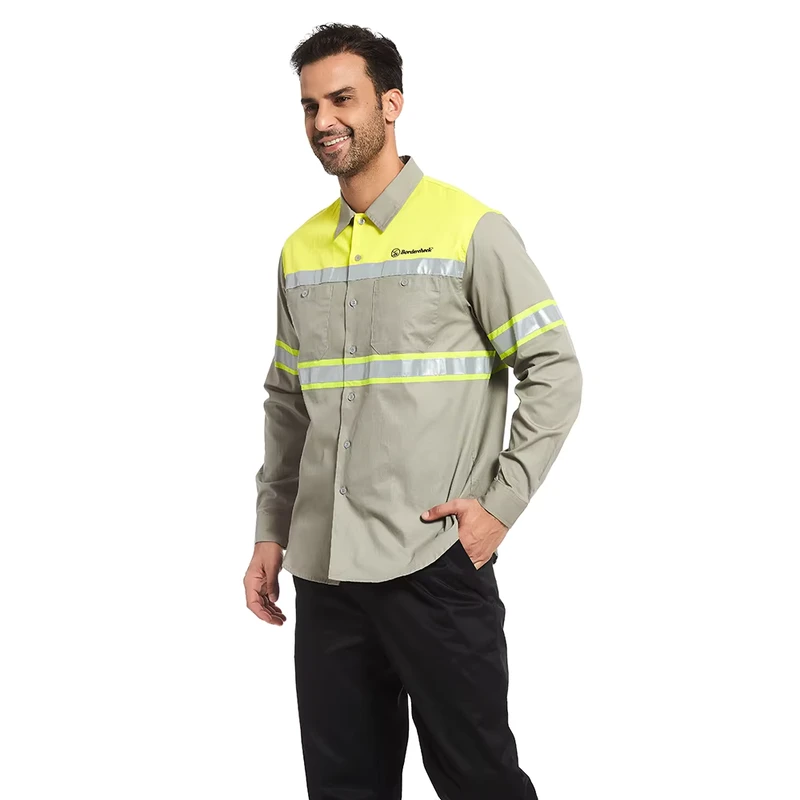 OEM Enhanced Visibility Industrial Work Shirt Men Two Tone Button up Long Sleeve Shirts with Reflective Tape