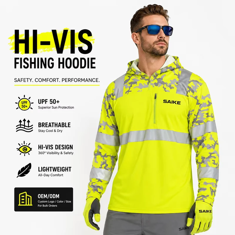 OEM Fishing Shirt Safety Quick dry Waterproof UPF 50 High Visibility Long Sleeve Safety Shirt With Reflective Strips and Hoodie