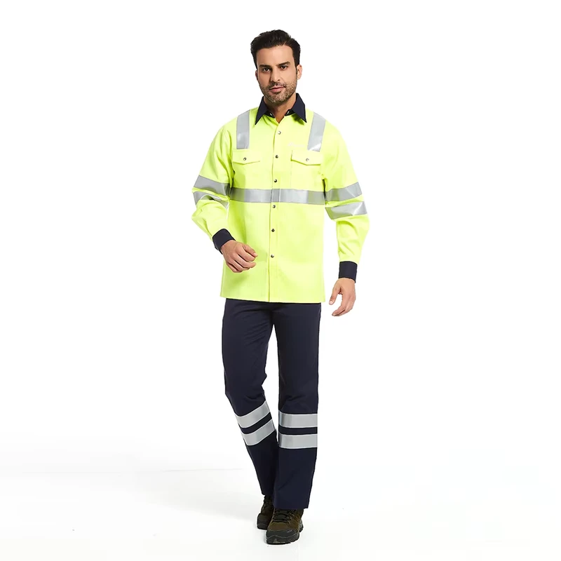 OEM Hi Vis Men Road Safety Clothing Sets High Visibility Suit Long Sleeve Construction Field Work Wear Shirt Pants