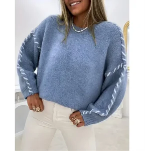 OEM Loose Merino Wool Polyester Blue Color Basic Crew Neck Pullover Cable Knit Sky Blue Drop Shoulder Sweater