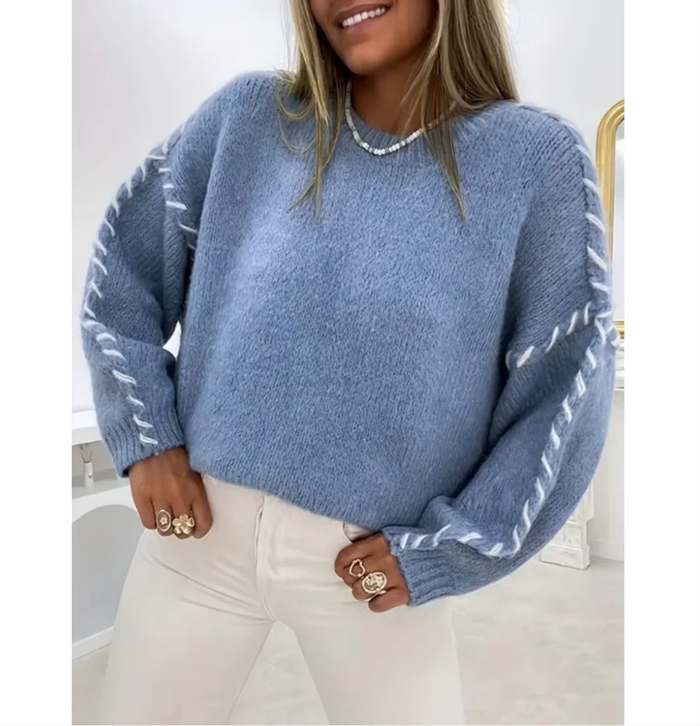OEM Loose Merino Wool Polyester Blue Color Basic Crew Neck Pullover Cable Knit Sky Blue Drop Shoulder Sweater
