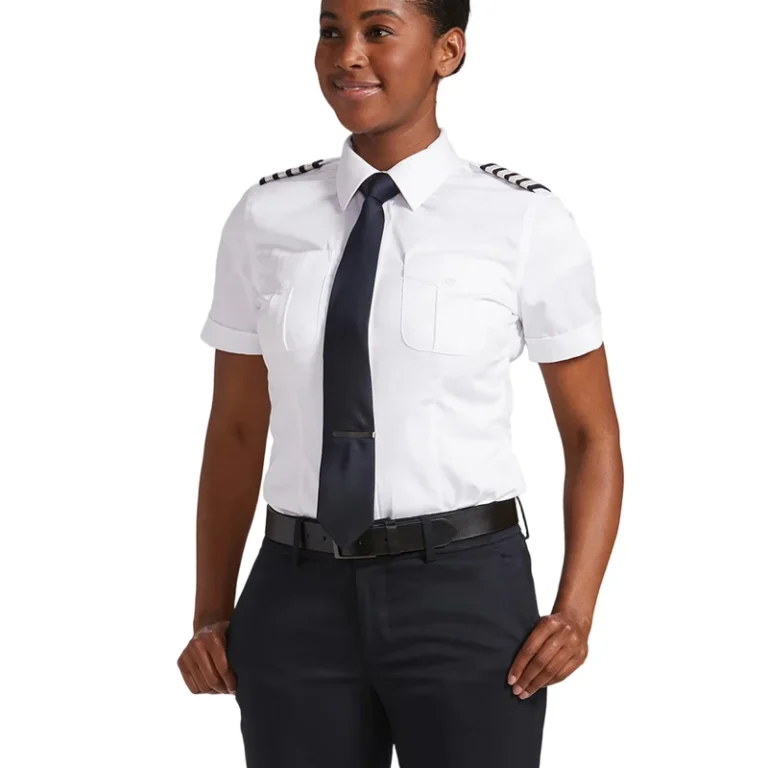 OEM-Manufacturer-Cotton-Blended-Pilot-Shirt-White-Short-Sleeve-Airline-Stewardess-Female-Pilot-Uniform-with-Epaulets-and-Pockets