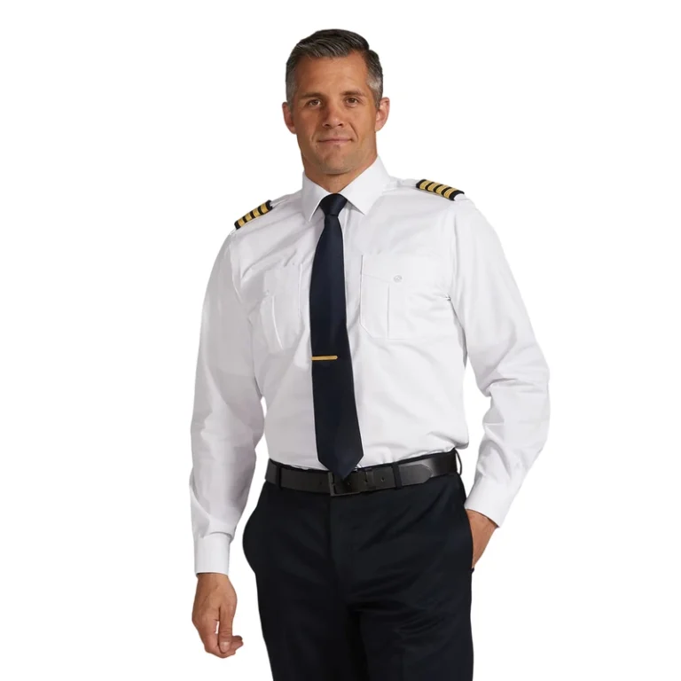 OEM-Manufacturer-Custom-Logo-100-Cotton-Pilot-Shirt-Mens-White-Long-Sleeve-Uniform-Captain-Style-with-Epaulets-and-Pockets