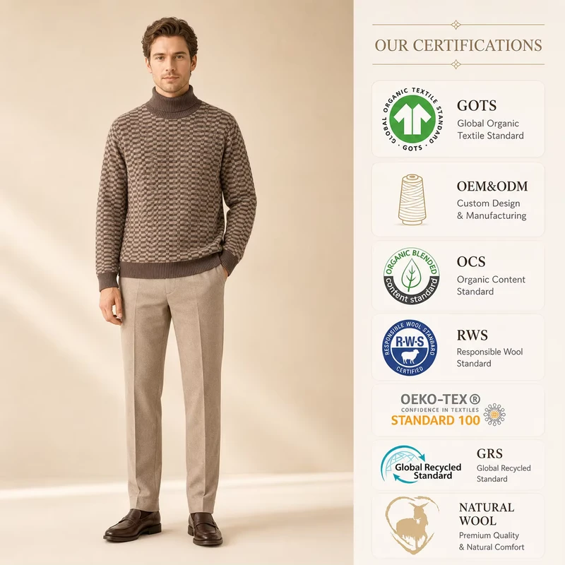 OEM Men's Jacquard Cotton Sweater Mock Neck Knit Pullover Textured Knit Private Label Knit Jumper For Men