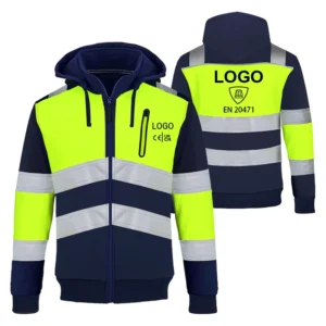 OEM Mens Jumper Work Clothing EN ISO 20471 High Visibility Full Zip Hooded Sweatshirt