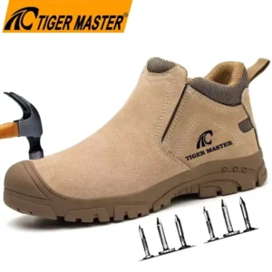 OEM Men’s Suede Leather Welding Safety Shoes Steel-Toe Cap Anti-Puncture Non-Slip Oil-Proof Rubber Sole No Laces