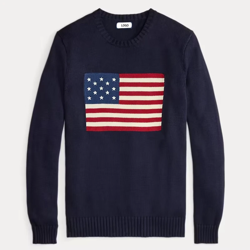 OEM & ODM Custom Men's Autumn Front Logo Iconic Flag Crew Neck Solid Color Knitted Sweater