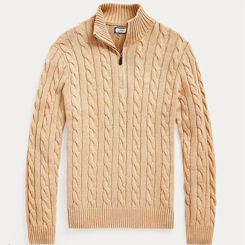 OEM & ODM Custom Men's Cable-Knit Crew Neck Solid Color Cotton Sweater