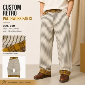 OEM ODM Custom Patchwork Stripe Plaid Baggy Men’s Cotton Chino Pants Manufacturer Vintage Loose Casual Dress Pants