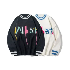 OEM ODM Vintage Oversized Custom Jacquard Logo Crew Neck Sweater Polyester Knitted Sweater Pullover Men’s Sweaters
