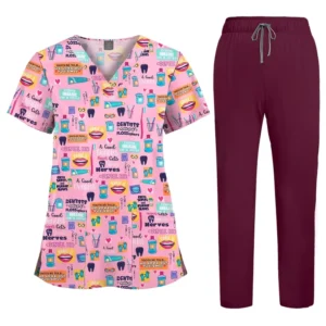 OEM Polyester Spandex Stretchy Medical Uniform Scrub V Neck Top Nurse Uniform Print Women Nurse Printed Scrubs Set