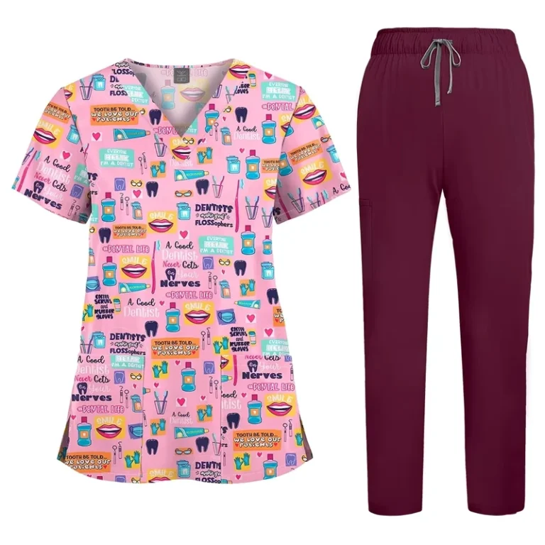 OEM-Polyester-Spandex-Stretchy-Medical-Uniform-Scrub-V-Neck-Top-Nurse-Uniform-Print-Women-Nurse-Printed-Scrubs-Set