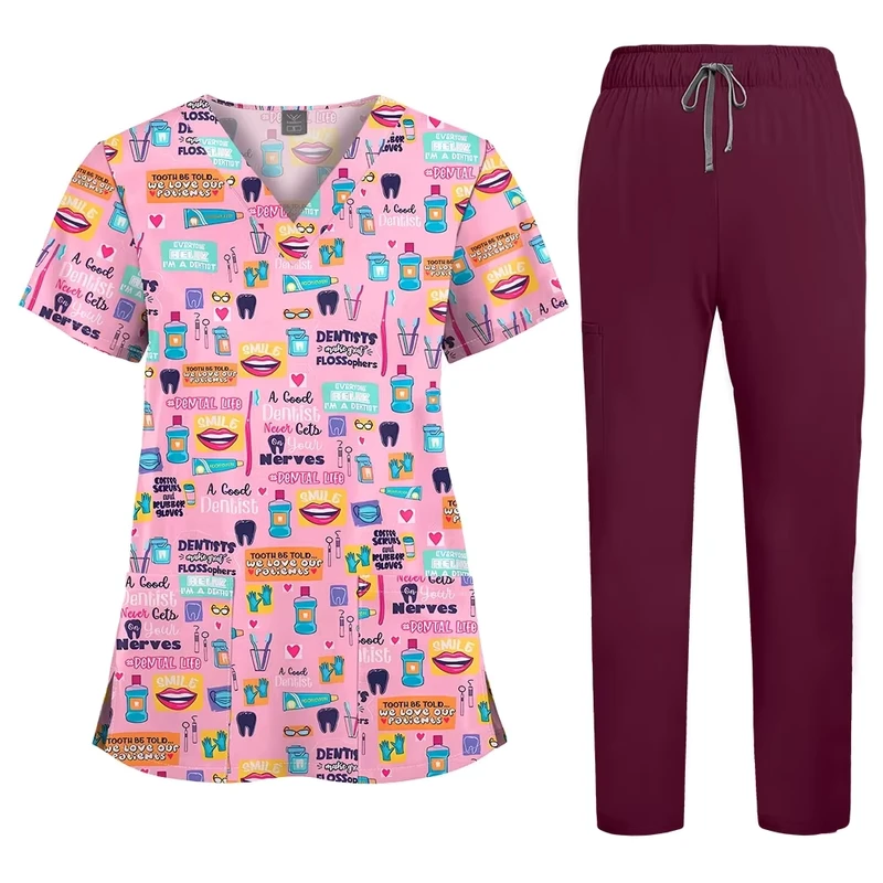 OEM Polyester Spandex Stretchy Medical Uniform Scrub V Neck Top Nurse Uniform Print Women Nurse Printed Scrubs Set
