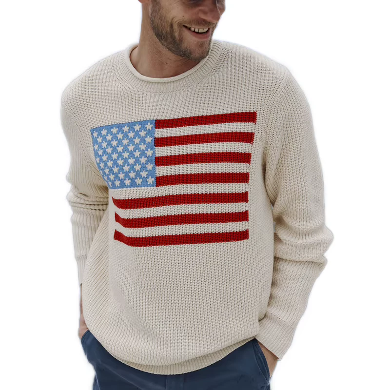 OEM Premium Male Fashion Basic Soft Roll-neck Knitwear Intarsia Design Cotton Fisherman Poll-over American Flag Knit Sweater