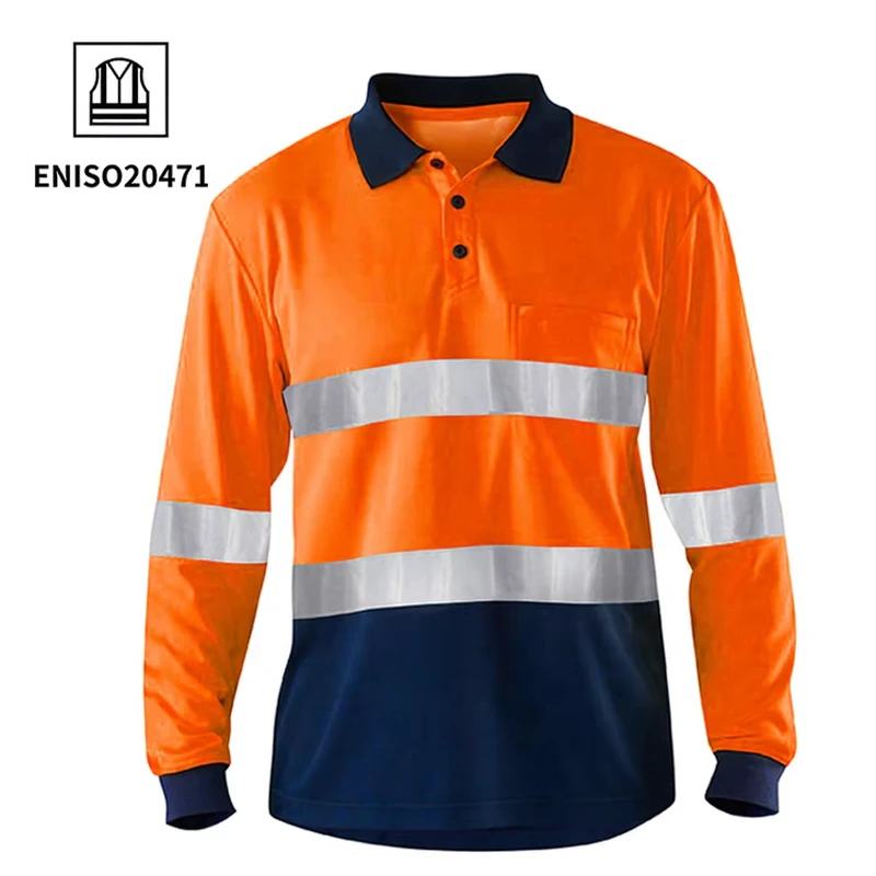 OEM Quick Dry Industrial Mining Construction Hi Vis Roadway Night Reflective Clothing Long Sleeve Safety Work Polo Tee Shirt